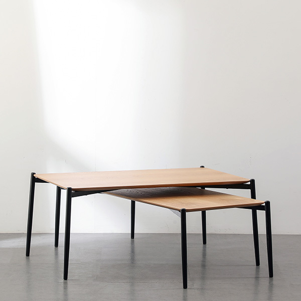 2 Pieces Nesting Coffee Table Black Metal Leg Rectangular Wooden Side Table