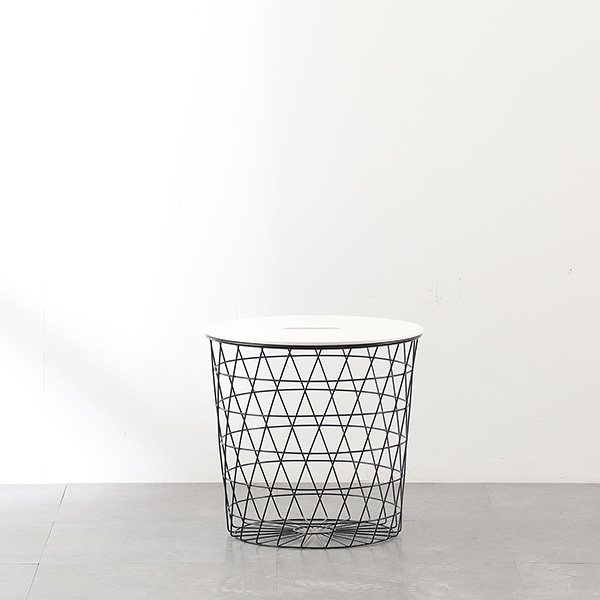 Nordic Geometric Black Wire Basket End Table with White Round Top