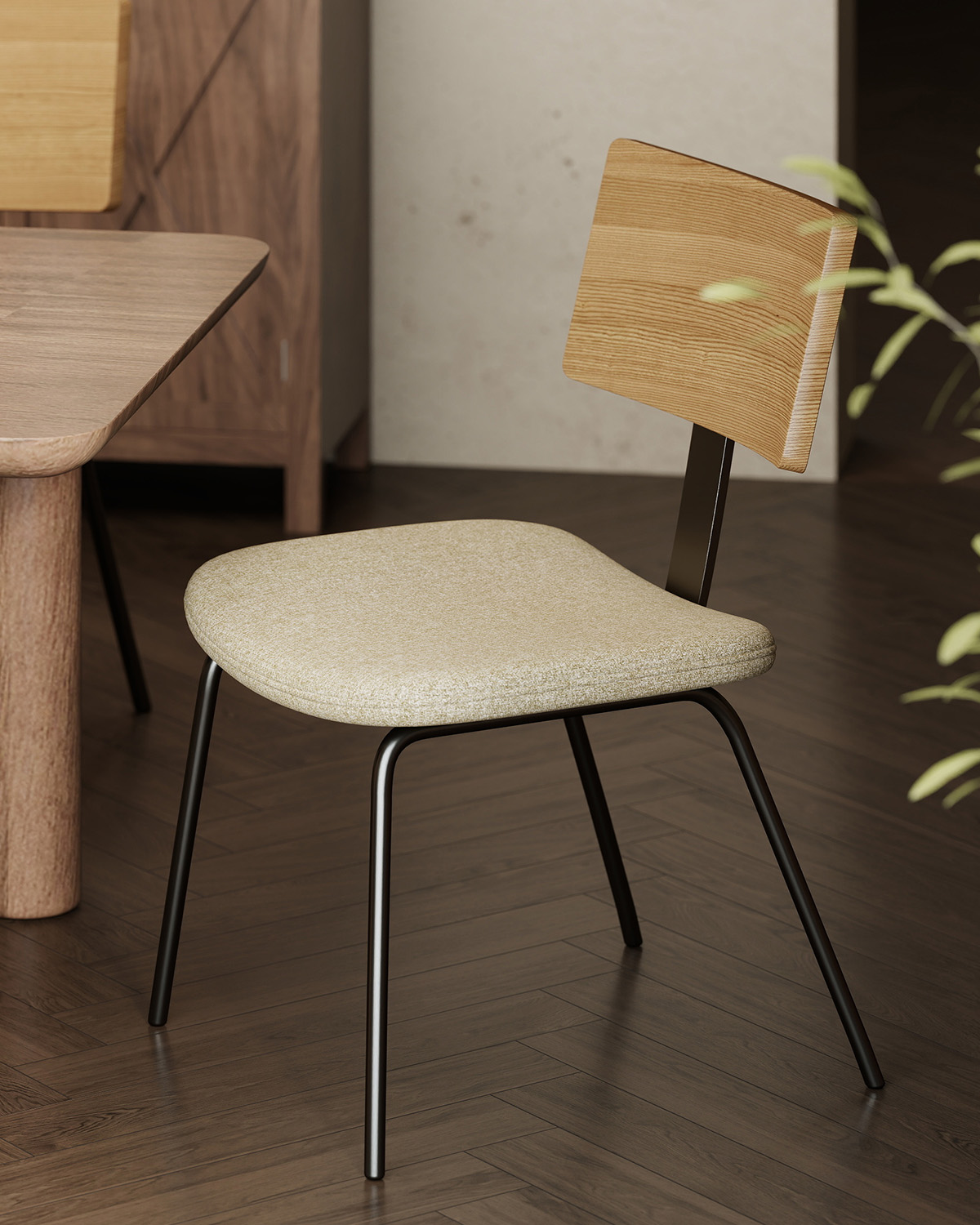 Wood Backrest Fabric Dining Chair With Metal Legs