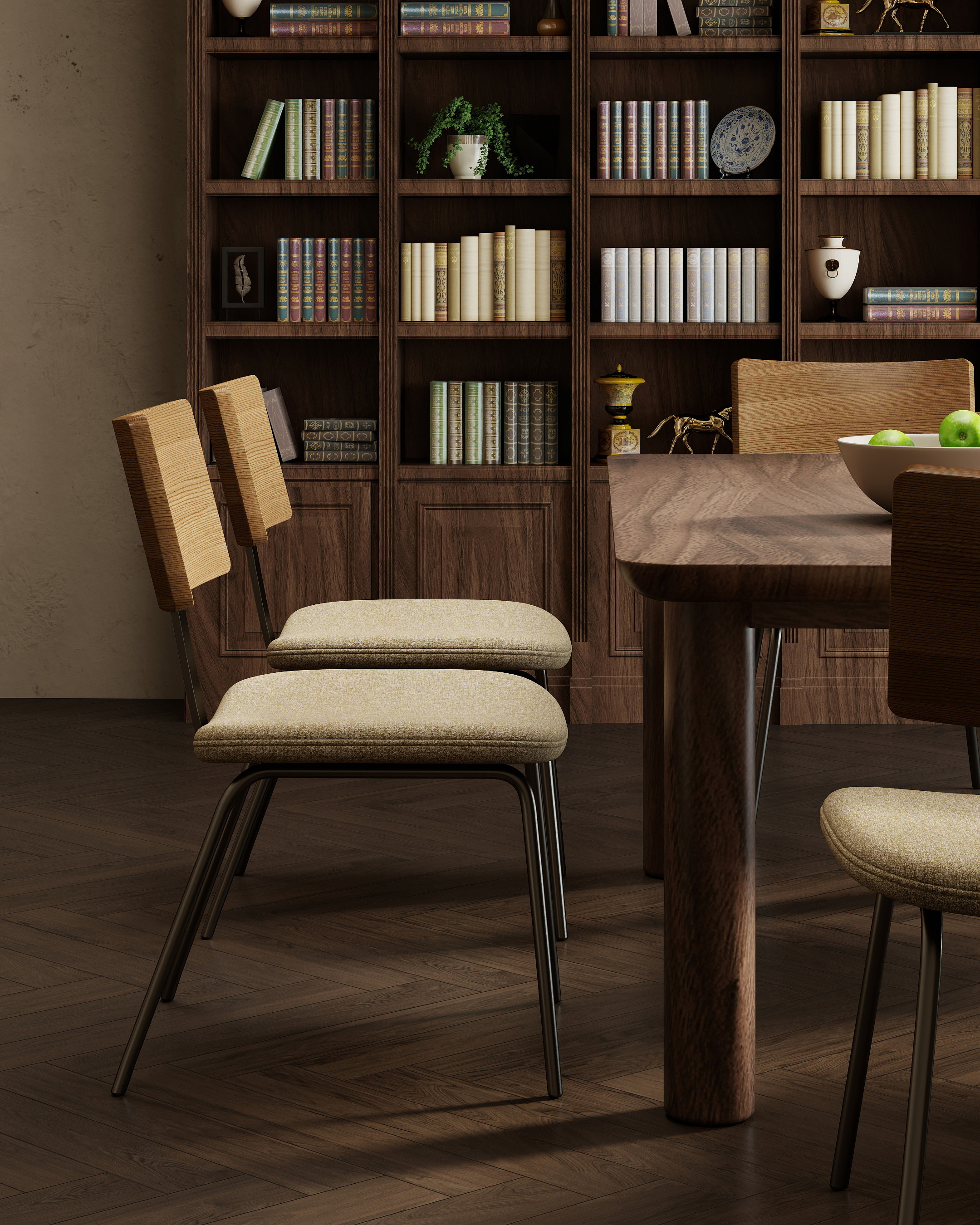 Wood Backrest Fabric Dining Chair With Metal Legs